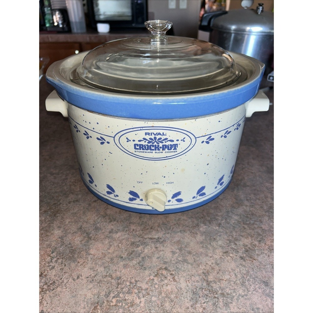 Vintage Rival 5 Qt Crock Pot Slow Cooker Blue Stoneware Model 3355 Glass Lid Wrk